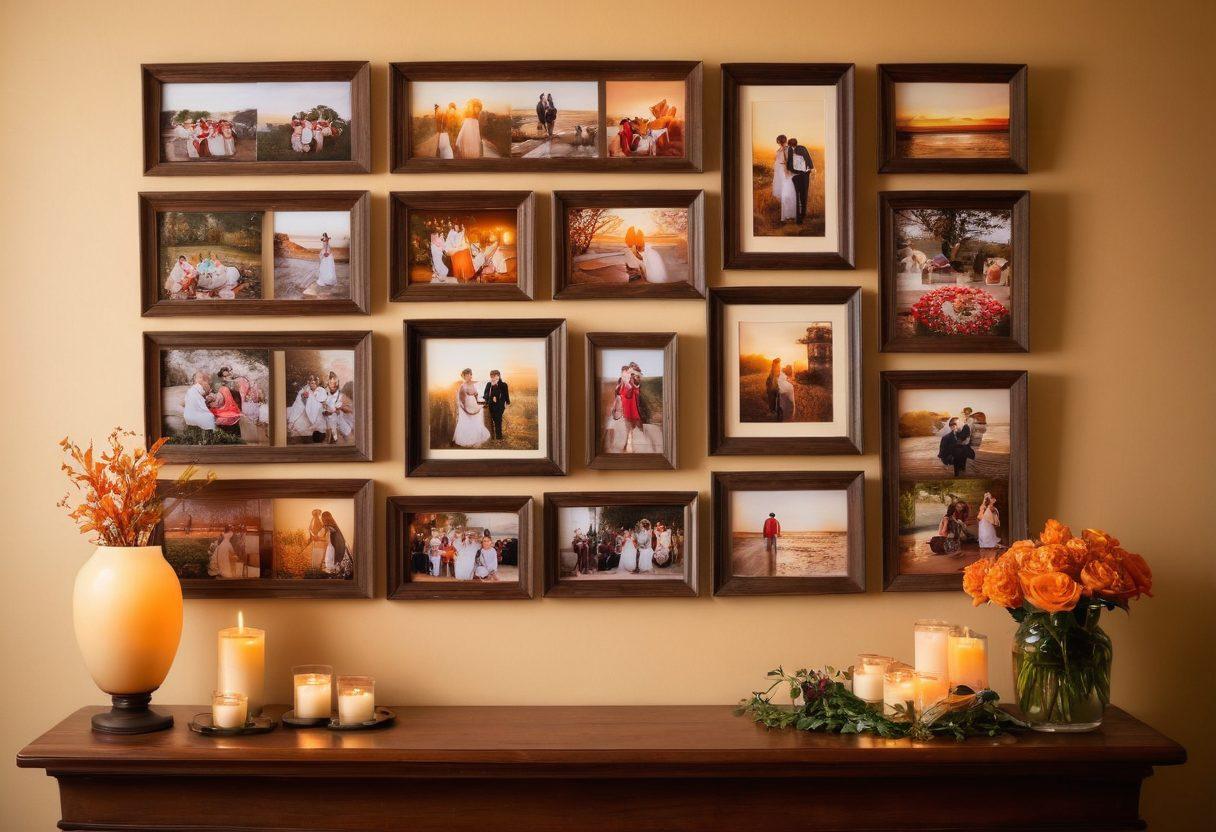 A cozy, intimate gallery filled with framed photographs showcasing diverse couples sharing tender moments. Soft, warm lighting enhances the emotional atmosphere, with subtle floral decorations enhancing the love theme. Include a heart-shaped collage in the center representing love stories from different cultures. Create a sense of nostalgia and warmth with a background that hints at a sunset glow. painting. warm colors. intimate setting.