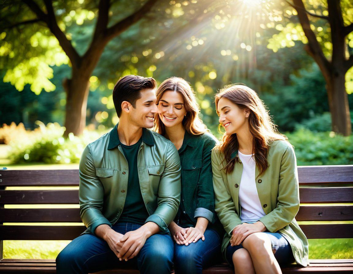 A heartwarming scene depicting a couple sharing a quiet moment on a park bench, surrounded by a soft glow of sunlight filtering through trees. Focus on tender expressions that convey intimacy, with subtle bokeh effects in the background to enhance depth. Include warm colors that evoke feelings of love and connection. super-realistic. vibrant colors. soft focus.