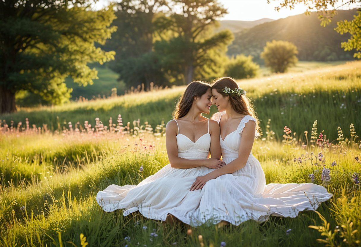 A beautifully intimate scene of a couple sharing a tender moment in a sunlit meadow, surrounded by wildflowers and soft, glowing sunlight filtering through trees. Their expressions are filled with love and laughter, capturing the essence of their connection. In the background, a serene landscape enhances the romantic atmosphere. soft focus, warm colors, natural lighting, dreamy vibe.